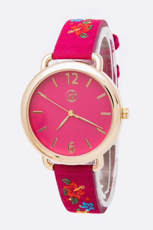 Floral Flair Embroidered Band Fashion Watch