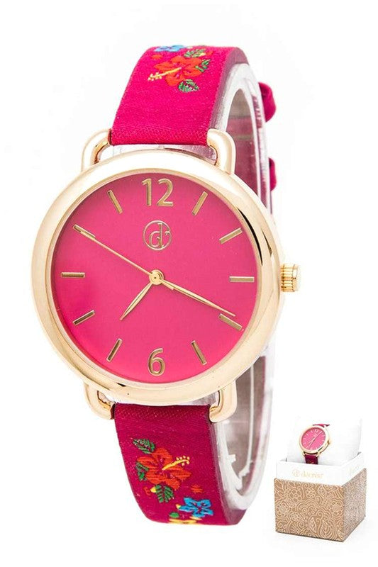 Floral Flair Embroidered Band Fashion Watch